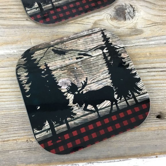 Moose Buffalo Plaid Set of 4 Hardboard Coasters - Picture 2 of 8
